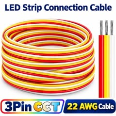 Cavo per strisce LED CCT a 3 pin 22 AWG in matassa, con i fili rosso, bianco e giallo spellati alle estremità