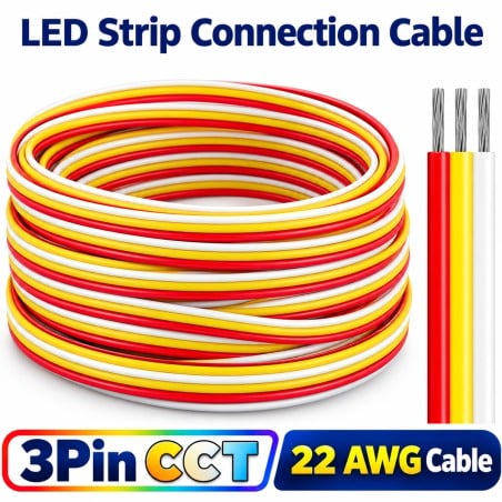 Câble pour rubans LED CCT à 3 broches 22 AWG en couronne, avec fils rouge, blanc et jaune dénudés aux extrémités
