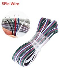 5-wire RGBW cable in a tied coil, with a detailed view of the black, green, red, blue and white conductors