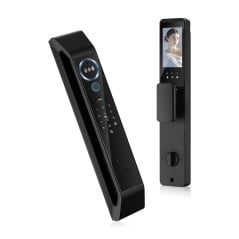 Three-quarter view of the Tuya smart lock: black front panel with 3D camera and interior panel with screen
