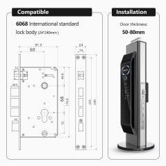 Compatible with a 6068 lock body measuring 24 × 240 mm and doors 50 to 80 mm thick