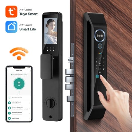 Slim Tuya WiFi-deurslot met binnenscherm, Tuya Smart- en Smart Life-apps en vingerafdruklezer op de deur