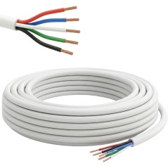 Kabelrol met witte mantel en detail van de rode, blauwe, witte, groene en zwarte draden waarvan de uiteinden zijn gestript