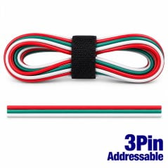 Coiled 3-pin addressable cable secured with a hook-and-loop strap, and the same cable laid flat