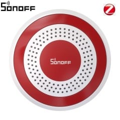 Sonoff SNZB-09P, Zigbee-binnensirene van voren gezien: rode ring en luidsprekerrooster