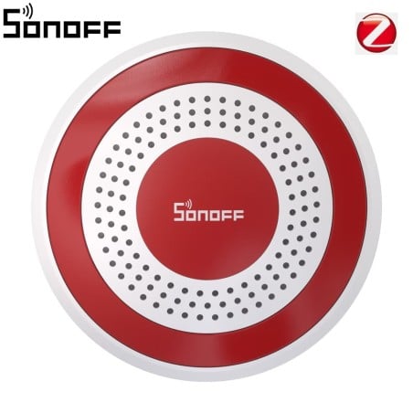 Sonoff SNZB-09P, Zigbee-Innensirene in der Vorderansicht: roter Ring und Lautsprechergitter