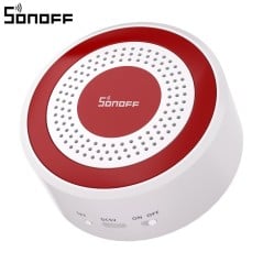 Sirène Sonoff SNZB-09P vue de trois quarts avec le bouton SET, le port USB-C et l’interrupteur ON/OFF