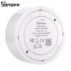 Achterkant van de Sonoff SNZB-09P-sirene met klikbevestiging en etiket: ingang 5 V 1 A