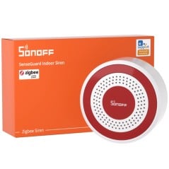 Witte en rode Sonoff SNZB-09P SenseGuard Zigbee-sirene voor de oranje verpakking
