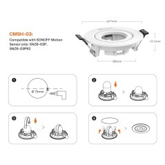 CMSH03: misure 87 × 66 × 24,5 mm, foro Ø 75 mm e i quattro passi di installazione