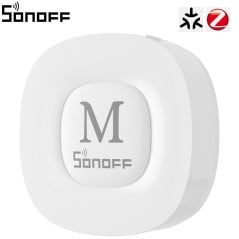 Sonoff Bridge Max Bridge-M, puente Zigbee y Matter blanco con la M en la parte frontal, vista frontal
