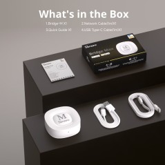 Contenu de la boîte du Sonoff Bridge Max : passerelle, câble réseau de 1 m, câble USB-C de 1 m et guide de démarrage rapide