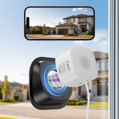 Sonoff CAM-S3W fijada al cristal de la ventana con el soporte magnético e imagen en directo de la casa en el smartphone