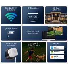 Fonctionnalités CAM-S3W : Wi-Fi 2,4/5 GHz, 2K 2304×1296, vision nocturne en couleur, microSD, console web locale, détection par