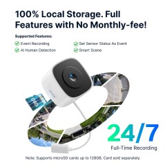 Local microSD storage with no subscription: event-triggered or continuous 24/7 recording, person detection and smart scenes