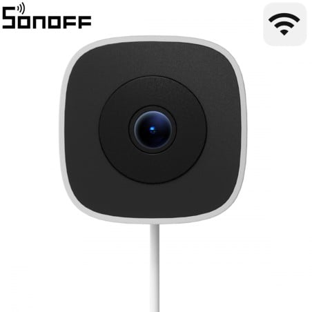 Sonoff CAM-S3W GlassView vista frontale: telecamera Wi-Fi con frontale nero, obiettivo centrale e cavo di alimentazione