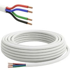 Couronne de câble à gaine blanche avec détail des fils rouge, bleu, vert et noir dénudés à leur extrémité