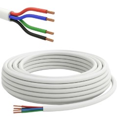Coil of cable with a white sheath and a close-up of the red, blue, green and black wires stripped at the ends