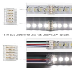 5-pin connectors on a high-density RGBW strip: strip-to-strip at the top, strip-to-cable at the bottom