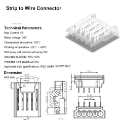Caractéristiques du connecteur de 10 mm : 4 A, 36 V, fils 22 AWG, de -20 à +80 °C, pour rubans RGBW SMD IP20