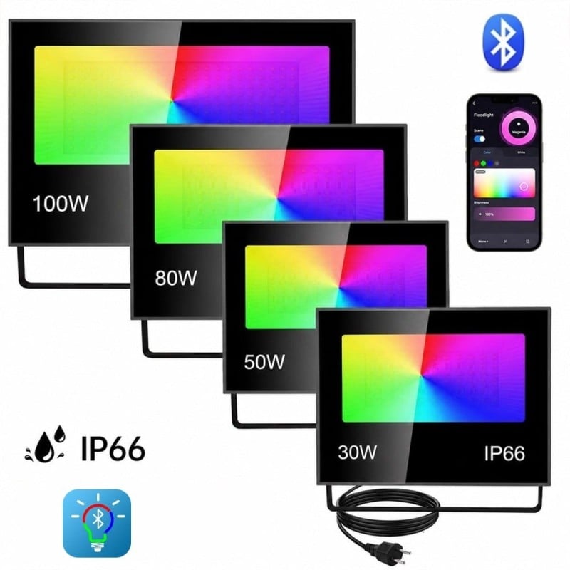 Projecteur LED RGB+CCT Smart Bluetooth pour Extérieur IP66 avec App Fi Light et Fiche Européenne