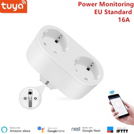 Tuya Presa Doppia Schuko Smart WiFi 16A con Misurazione di Consumo