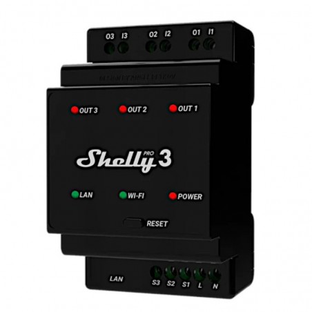 Shelly Pro 3 Relé profesional de carril DIN de 3 canales Contactos secos