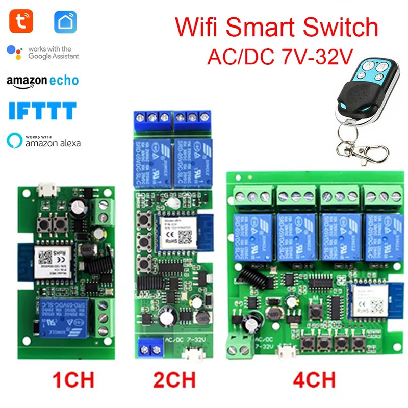 Tuya Smart Wifi Switch Relay Module+with Rf Remote 2 Ch Ac/dc 7-32v Rf/app  Remote Control Smart Home For Alexa