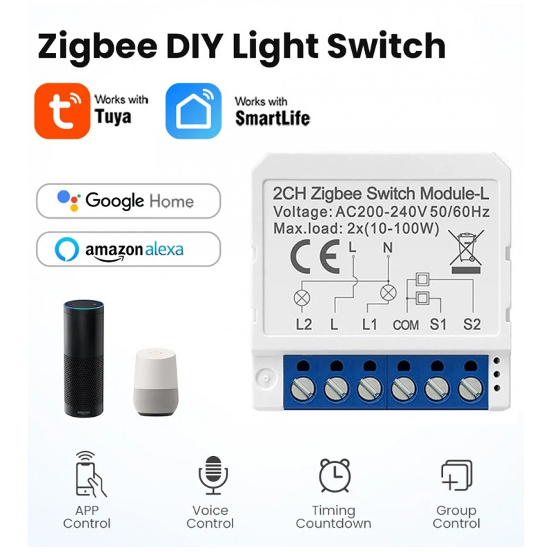 Tuya Zigbee 2-kanaalsmodule zonder neutraal