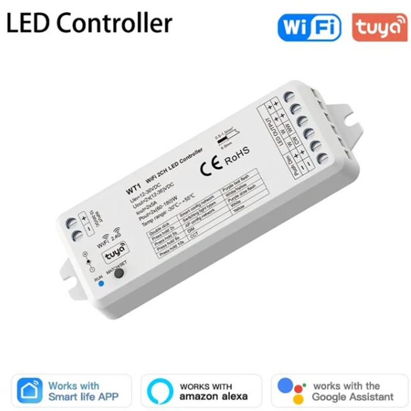Tuya Controller a 2 Canali per Strisce LED Mono e CCT Smart WiFi e RF