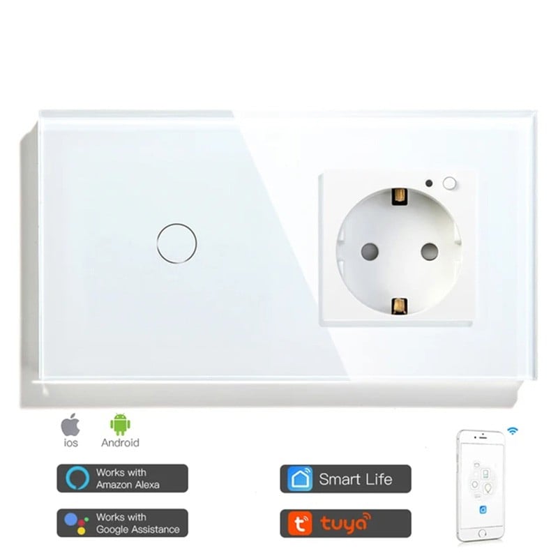 Tuya Interruttore Touch con Presa a Muro Smart WiFi Bianco Tuya Interruttore Touch con Presa a Muro Smart WiFi Bianco