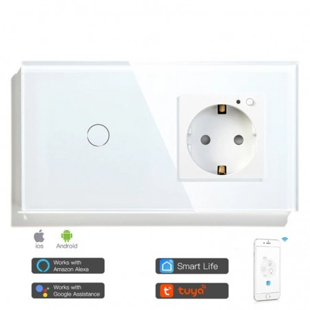 Interrupteur tactile Tuya avec prise murale WiFi intelligente blanc