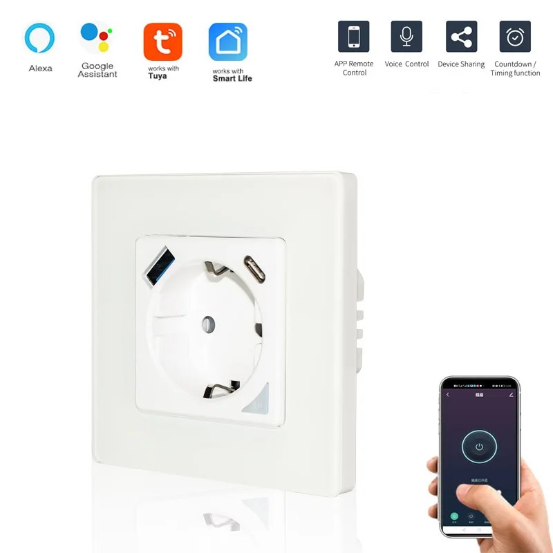 Toma de pared Tuya Smart Schuko con salida USB y tipo C