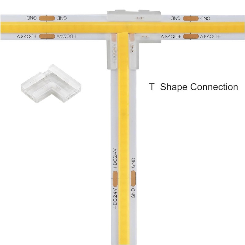 2in1 T- en L-snelconnector voor 2-pins COB- en SMD-ledstrips, enkele kleur 2in1 T- en L-snelconnector voor 2-pins COB- en SMD-ledstrips, enkele kleur