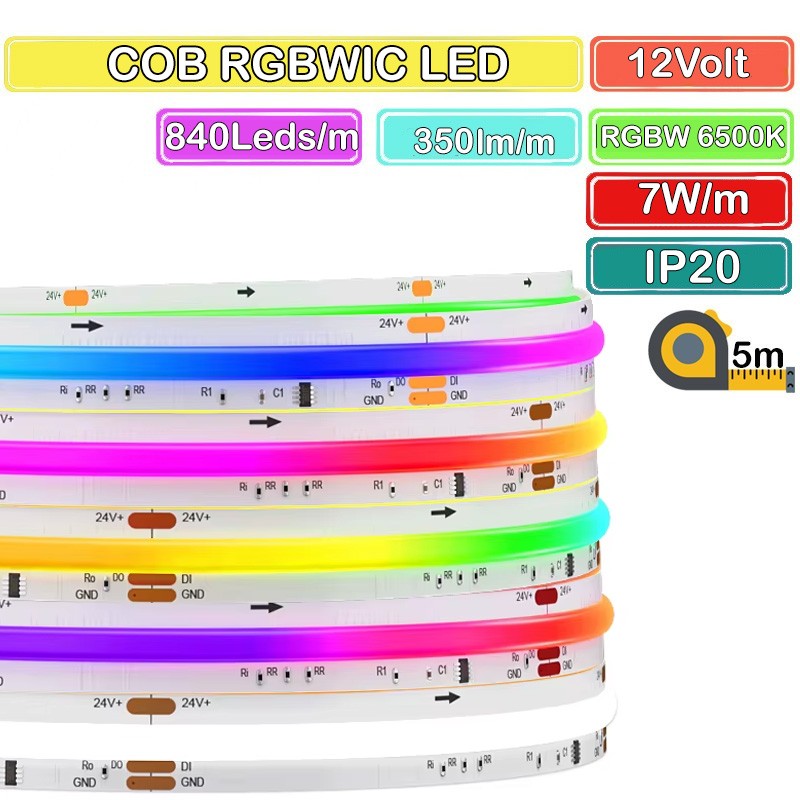 COB RGBWIC Adresseerbare LED-strip met 840 LED's per meter 5 meter spoel