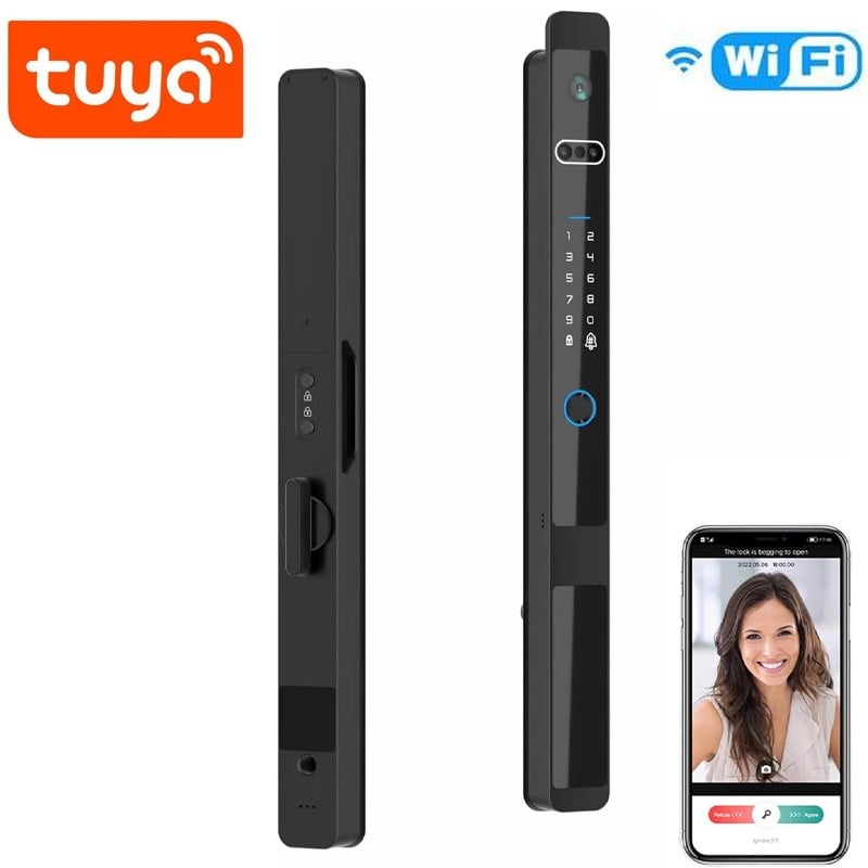 Serrure de porte WiFi intelligente étanche Tuya avec judas et reconnaissance faciale 3D