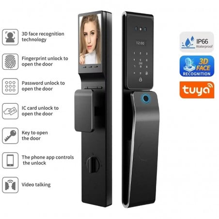 Cerradura de puerta exterior inteligente con WiFi y función de videoportero Tuya 3D Face