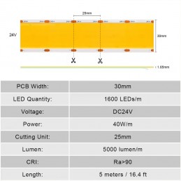 Bande LED COB ultra lumineuse 5 rangées 1600 LED/m 24 V – 21 000 lumens