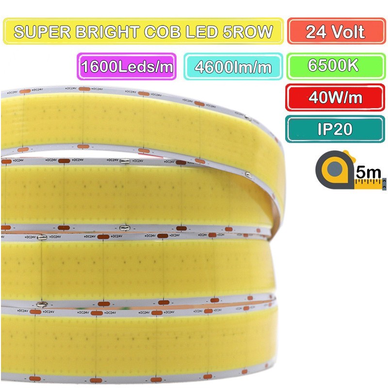 Bande LED COB ultra-lumineuse à 5 rangées, 1 600 LED par mètre, DC24 V, 5 mètres Bande LED COB ultra-lumineuse à 5 rangées, 1 600 LED par mètre, DC24 V, 5 mètres