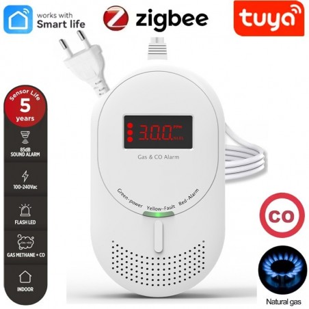Detector de gas y CO inteligente Zigbee con pantalla y sirena | Automatización del hogar Tuya