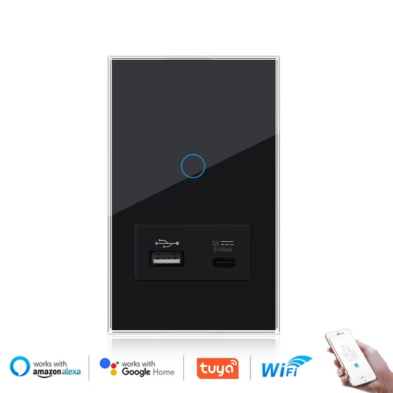 Tuya Smart WiFi Touch Switch Schwarz mit USB- und Typ-C-Anschluss Tuya Smart WiFi Touch Switch Schwarz mit USB- und Typ-C-Anschluss