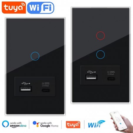 Interruttore Touch Smart WiFi Nero Tuya con USB e Type-C