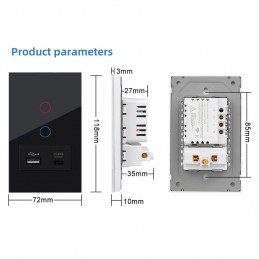 Interruptor táctil inteligente WiFi Tuya Black con USB y tipo C