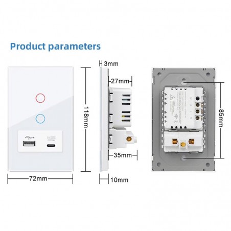 Interruptor táctil inteligente WiFi Tuya con USB tipo C y control múltiple