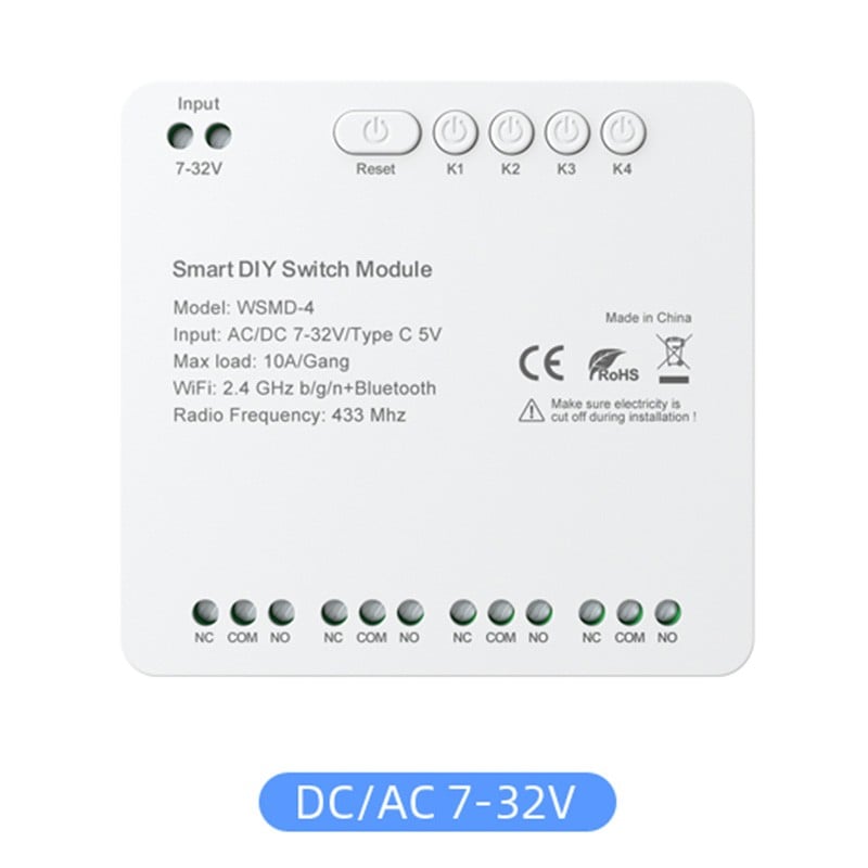 Tuya Modulo Relè a Contatto Pulito Smart Wi-Fi ed RF433 con 4 Canali Tuya Modulo Relè a Contatto Pulito Smart Wi-Fi ed RF433 con 4 Canali