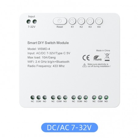 Tuya Smart Wi-Fi en RF433 droogcontactrelaismodule met 4 kanalen