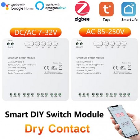 Zigbee-relaismodule Tuya 4-kanaals 10A schoon contact | RF433 Alexa