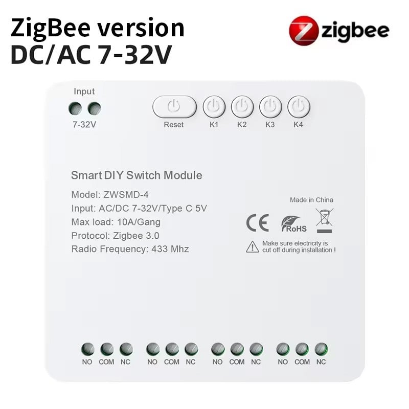 Tuya Smart Zigbee en RF433 droogcontactrelaismodule met 4 kanalen Tuya Smart Zigbee en RF433 droogcontactrelaismodule met 4 kanalen