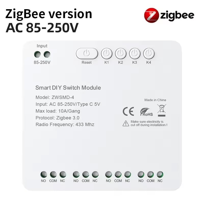 Tuya Smart Zigbee and RF433 Dry Contact Relay Module with 4 Channels Tuya Smart Zigbee and RF433 Dry Contact Relay Module with 4 Channels
