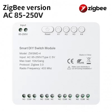 Tuya Smart Zigbee en RF433 droogcontactrelaismodule met 4 kanalen